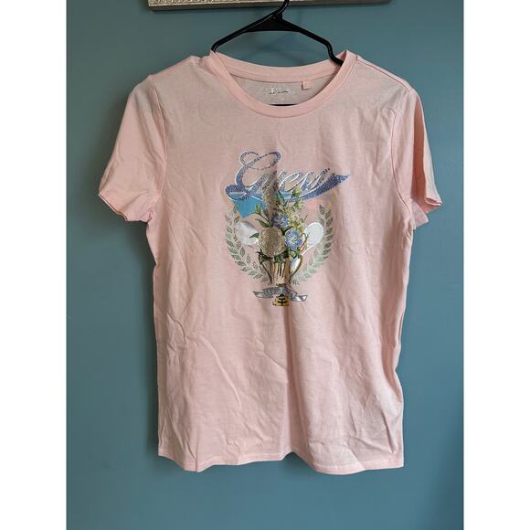 Guess Pink Bedazzled Floral Tennis Graphic Tee T-Shirt - Picture 1 of 4